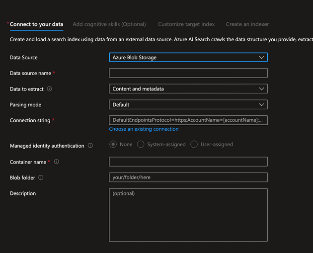 Azure Search Import Settings